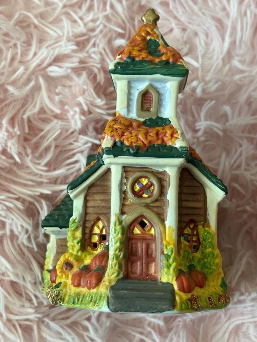 Autumn Harvest Lighted Ceramic Church Village House Pumpkin Decor